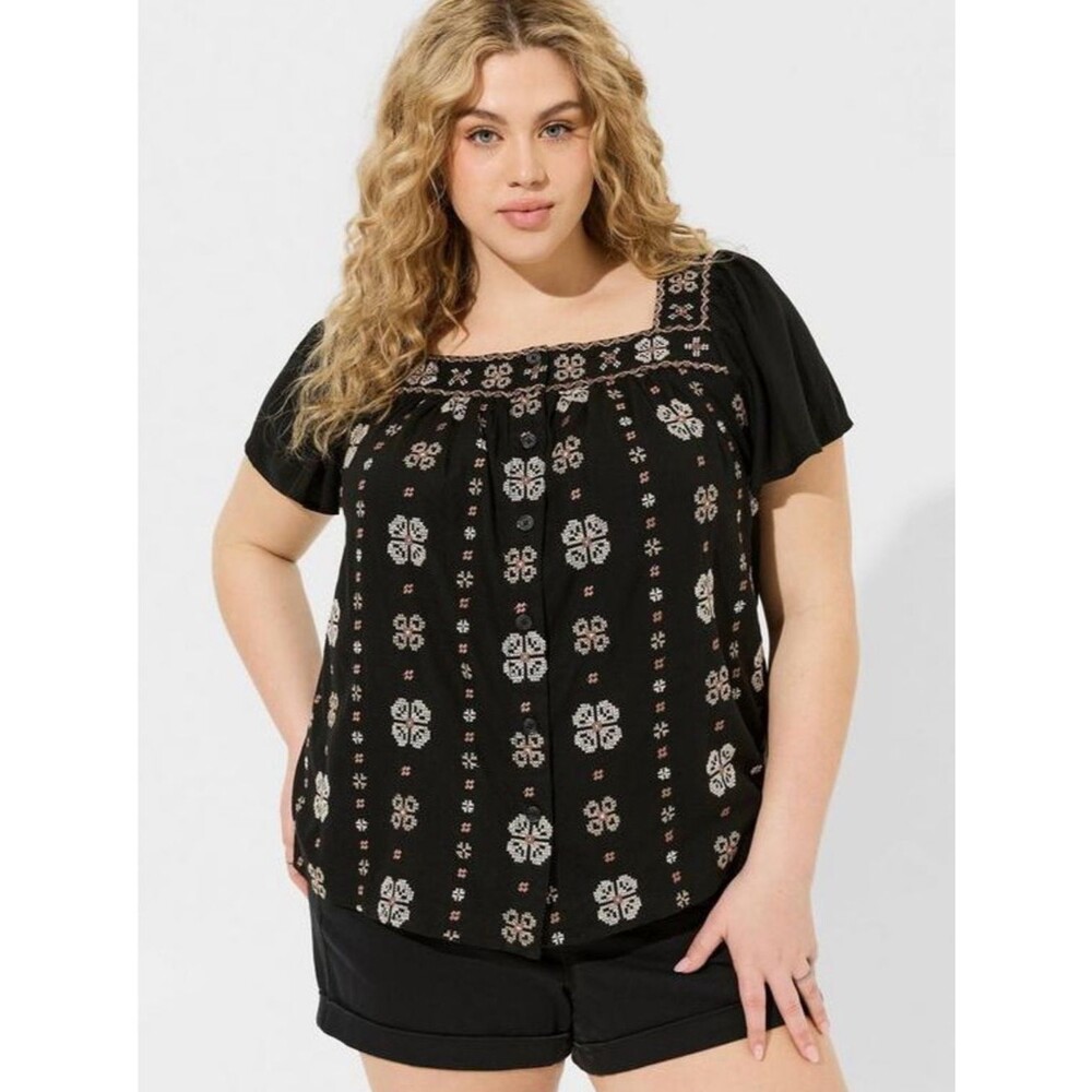 Torrid Size 2 Black Embroidered Square-Neck Top